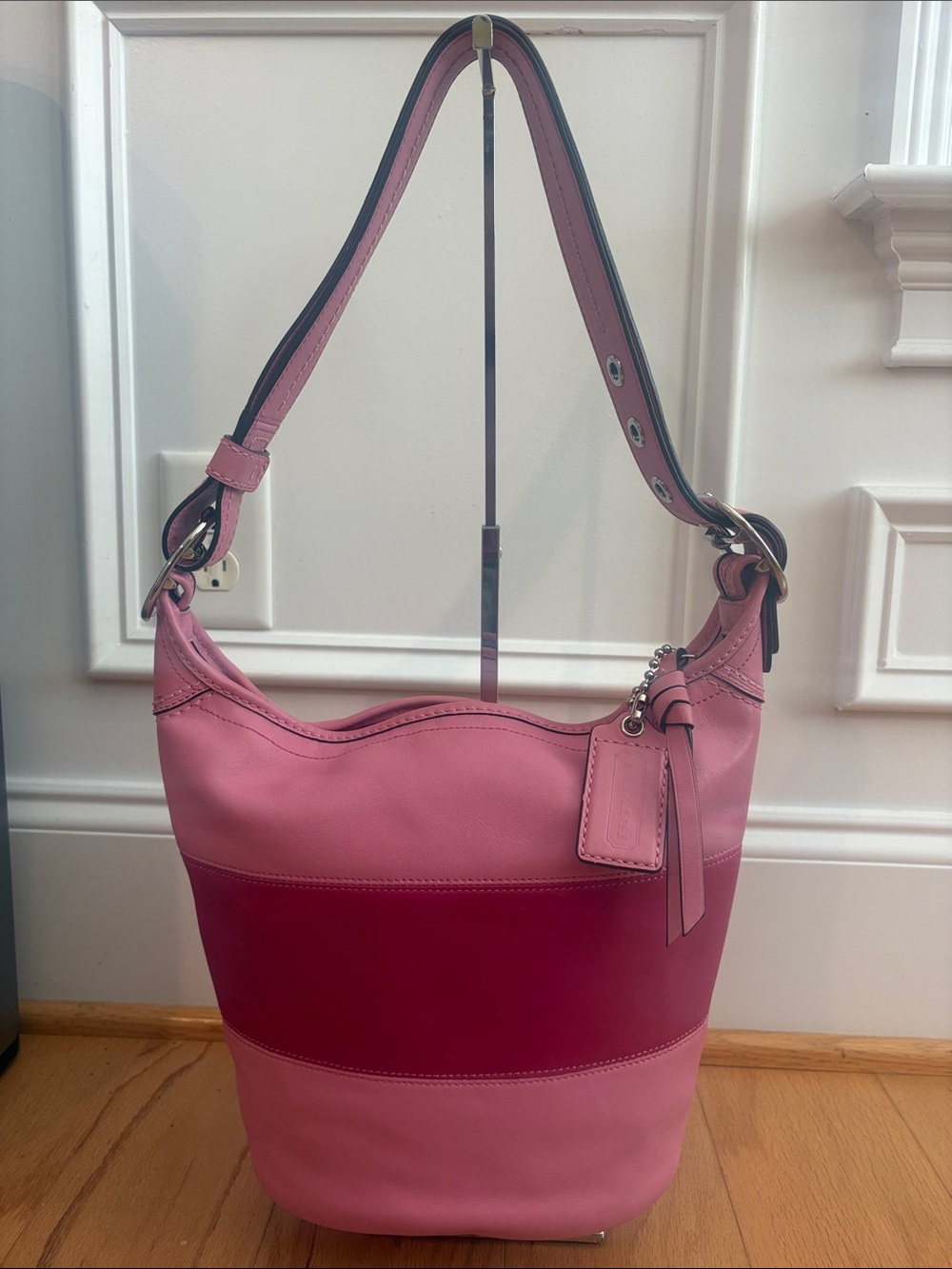 Vintage Coach Rugby Bucket Bag pink Leather Large Stripe Y2K Rare shoulder bag - Picture 4 of 17